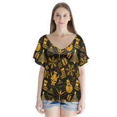 Christmas Background Gold V-neck Flutter Sleeve Top by HermanTelo