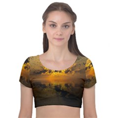 Sunset Reflection Birds Clouds Sky Velvet Short Sleeve Crop Top  by HermanTelo