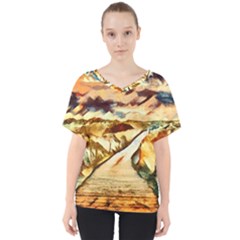 Painting Expressive Colors Texture V-neck Dolman Drape Top by Pakrebo