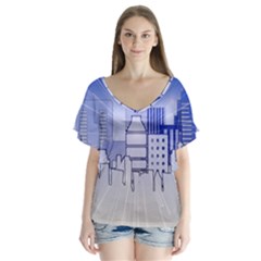 City Architecture Building Skyline V-neck Flutter Sleeve Top by Pakrebo