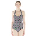 Halloween Witch Pattern Grey Halter Swimsuit View1