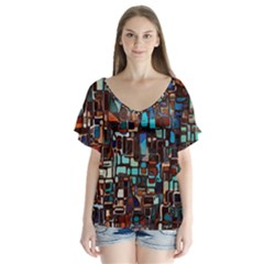 Mosaic Abstract V-neck Flutter Sleeve Top by HermanTelo
