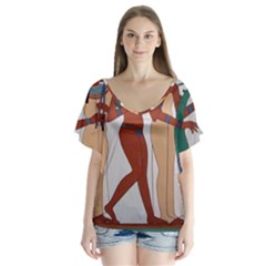 Egypt Fresco Mural Decoration V-neck Flutter Sleeve Top by Sapixe