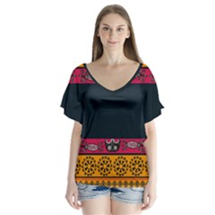 Pattern Ornaments Africa Safari V-neck Flutter Sleeve Top by HermanTelo