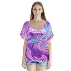 Pattern Texture Art Rainbow V-neck Flutter Sleeve Top by HermanTelo