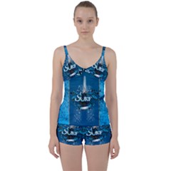 Sport, Surfboard With Water Drops Tie Front Two Piece Tankini by FantasyWorld7