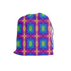 Groovy Blue Pink Yellow Square Pattern Drawstring Pouch (large) by BrightVibesDesign