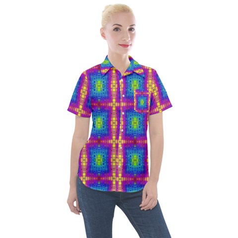Groovy Blue Pink Yellow Square Pattern Women s Short Sleeve Pocket Shirt by BrightVibesDesign