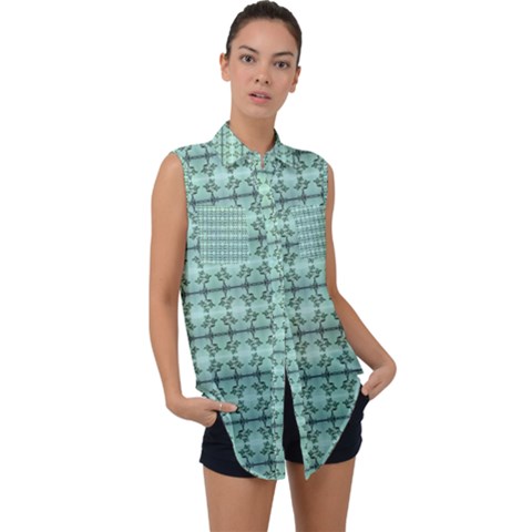 Cute Flowers Vines Pattern Pastel Green Sleeveless Chiffon Button Shirt by BrightVibesDesign