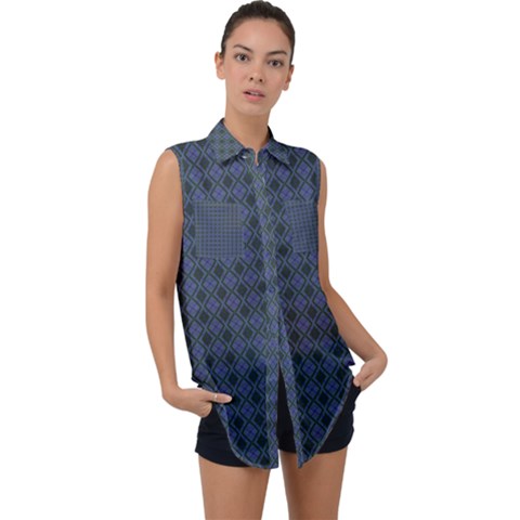 Argyle Dark Purple Black Pattern Sleeveless Chiffon Button Shirt by BrightVibesDesign