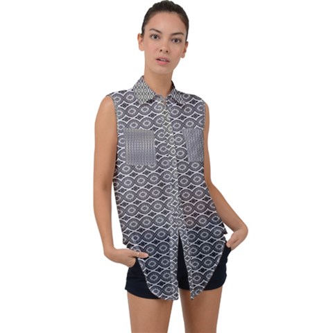 Ornate Oval Pattern Grey Black White Sleeveless Chiffon Button Shirt by BrightVibesDesign