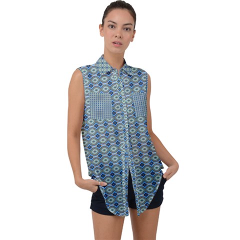 Ornate Oval  Pattern Blue Orange Sleeveless Chiffon Button Shirt by BrightVibesDesign