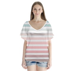 Horizontal Pinstripes In Soft Colors V-neck Flutter Sleeve Top by shawlin