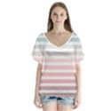 Horizontal pinstripes in soft colors V-Neck Flutter Sleeve Top View1