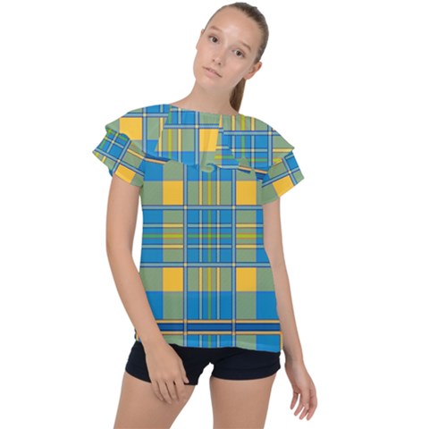 Plaid Tartan Scottish Blue Yellow Ruffle Collar Chiffon Blouse by Nexatart