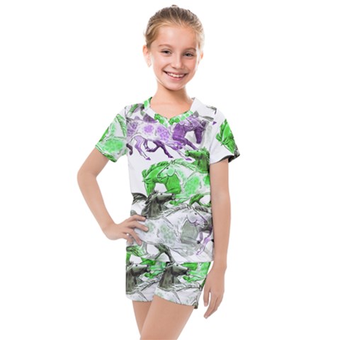 Horse Animal World Green Kids  Mesh Tee And Shorts Set by BangZart