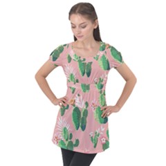 Vintage Plant Seamless Pattern Vectors 06 Puff Sleeve Tunic Top by Sobalvarro