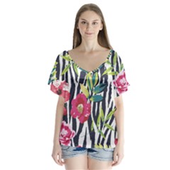 Seamless Flower Patterns Vector 01 V-neck Flutter Sleeve Top by Sobalvarro