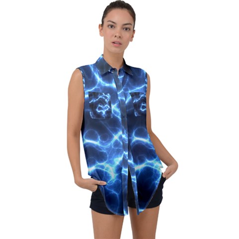 Electricity Blue Brightness Sleeveless Chiffon Button Shirt by HermanTelo