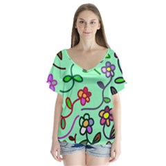 Flowers Floral Plants V-neck Flutter Sleeve Top by Bajindul