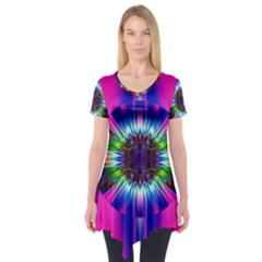 Abstract Art Fractal Creative Pink Short Sleeve Tunic  by Sudhe