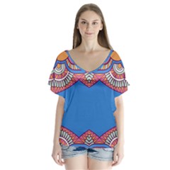 Shapes On A Blue Background                     V-neck Flutter Sleeve Top by LalyLauraFLM