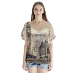 London Westminster Bridge Building V-neck Flutter Sleeve Top by Wegoenart