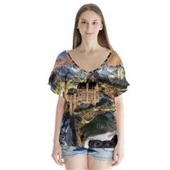 Castle Fantasy Landscape Stormy V-neck Flutter Sleeve Top by Pakrebo