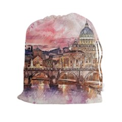 City Buildings Bridge Water River Drawstring Pouch (xxl) by Pakrebo
