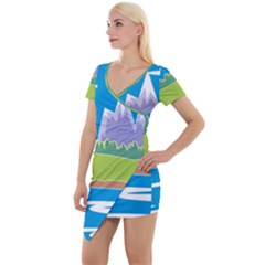 Nature Tree Water Grass Sun Short Sleeve Asymmetric Mini Dress by Pakrebo