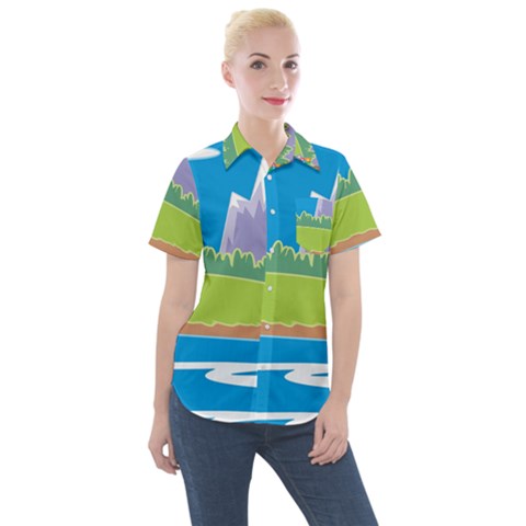Nature Tree Water Grass Sun Women s Short Sleeve Pocket Shirt by Pakrebo