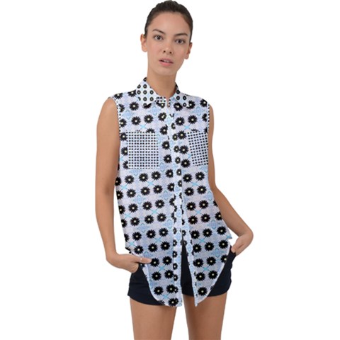 Black Flower On Blue White Pattern Sleeveless Chiffon Button Shirt by BrightVibesDesign