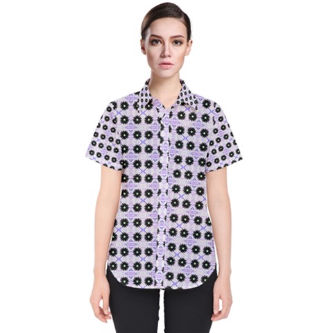 Black Flower  On Purple White Pattern Women s Short Sleeve Shirt by BrightVibesDesign
