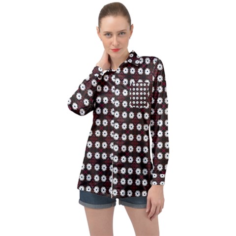 White Flower Pattern On Pink Black Long Sleeve Satin Shirt by BrightVibesDesign