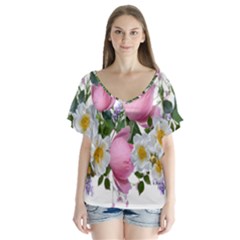 Flowers Roses Pink White Blooms V-neck Flutter Sleeve Top by Simbadda