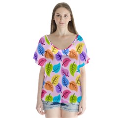 Background Abstract Leaves Color V-neck Flutter Sleeve Top by Simbadda
