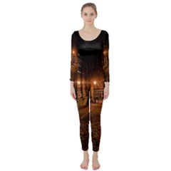 City Night Dark Architecture Lamps Long Sleeve Catsuit by Sudhe