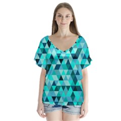 Teal Triangles Pattern V-neck Flutter Sleeve Top by LoolyElzayat