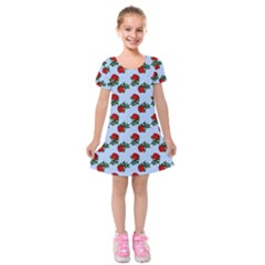 Red Roses Light Blue Kids  Short Sleeve Velvet Dress by snowwhitegirl