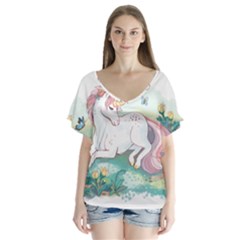 Illustration Vector Unique Unicorn V-neck Flutter Sleeve Top by Sudhe