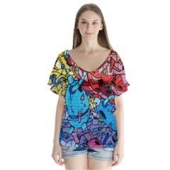 Graffiti Wall Mural Painting Arts V-neck Flutter Sleeve Top by Simbadda