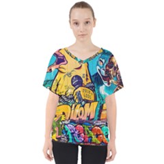 Graffiti Street Art Mountains Wall V-neck Dolman Drape Top by Simbadda