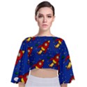 Space Rocket Pattern Tie Back Butterfly Sleeve Chiffon Top View1