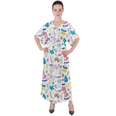 Colorful Doodle Animals Words Pattern V-neck Boho Style Maxi Dress by Vaneshart