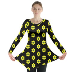 Pattern Yellow Stars Black Background Long Sleeve Tunic  by Simbadda