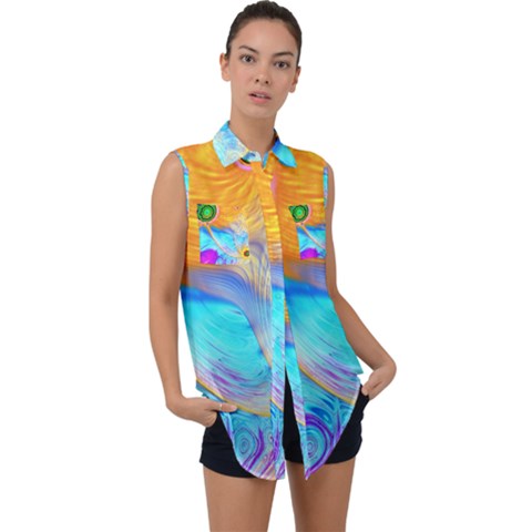 Artwork Digital Art Fractal Colors Sleeveless Chiffon Button Shirt by Wegoenart