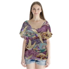 Textile Fabric Cloth Pattern V-neck Flutter Sleeve Top by Wegoenart