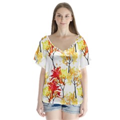 Watercolor Painting Autumn Illustration Autumn Tree V-neck Flutter Sleeve Top by Vaneshart
