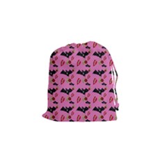 Bat Rose Lips Pink Pattern Drawstring Pouch (small) by snowwhitegirl