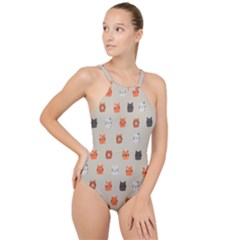 Cat Faces Pattern High Neck One Piece Swimsuit by Vaneshart